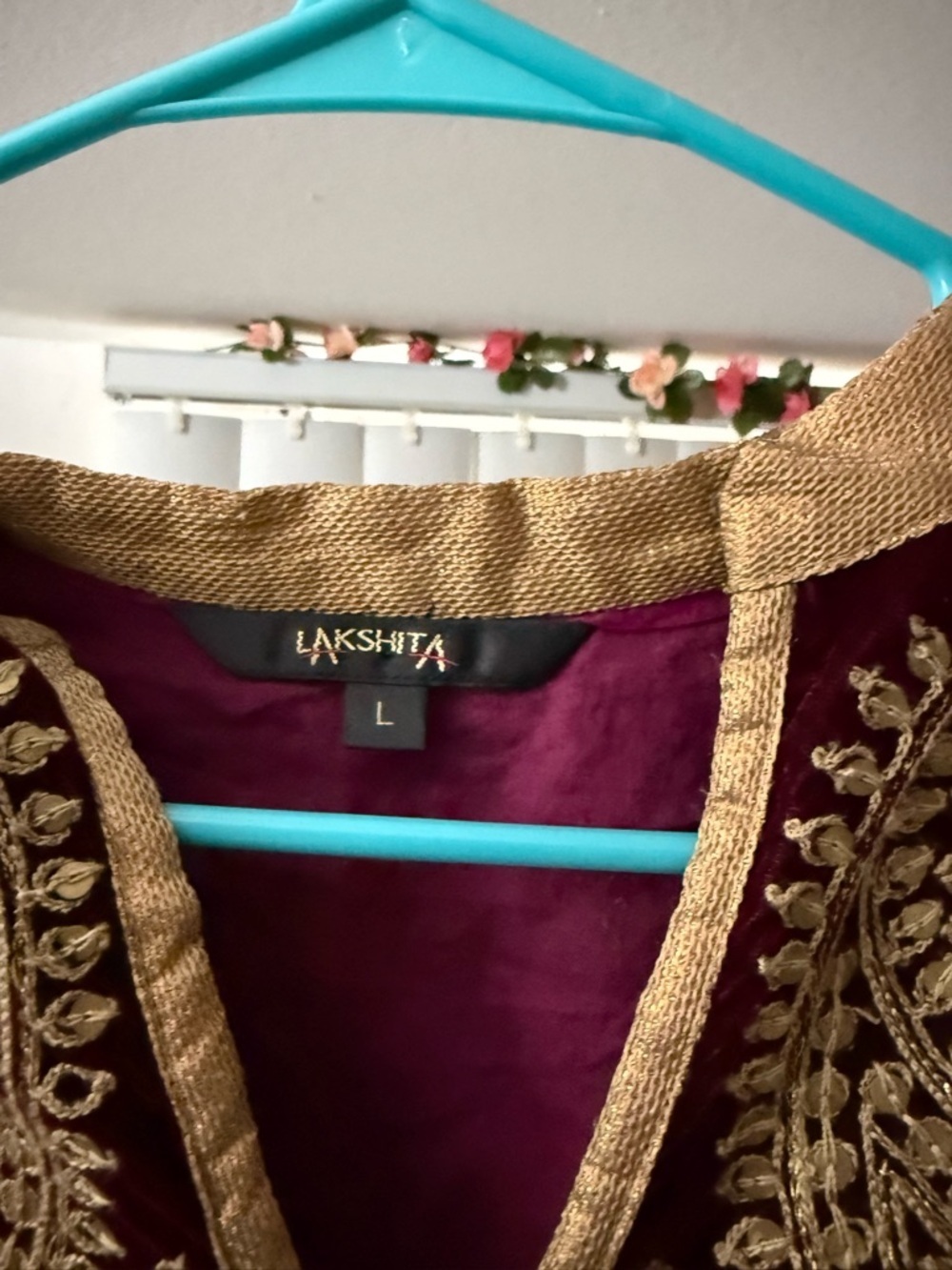 Lakshita Indian Burgundy Kaftan Kurta Tunic Embroidered Velvet Trim Ethnic Large - Picture 3 of 7